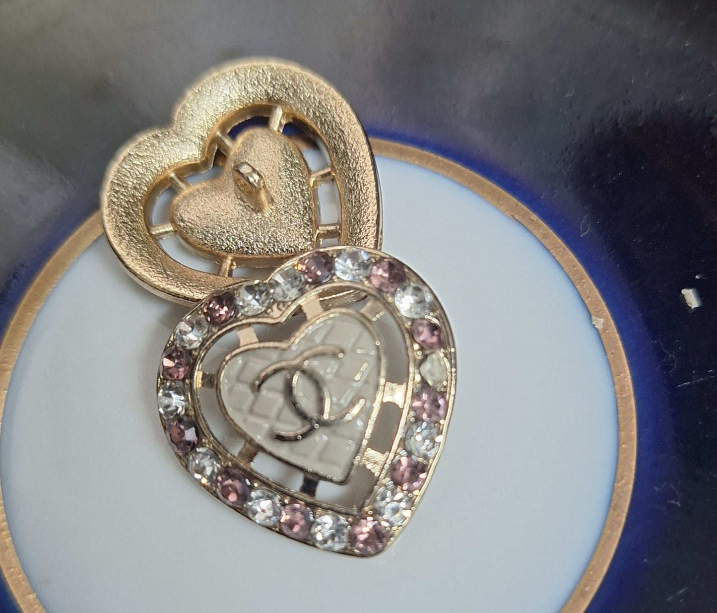 Buttons gold color. Pink & transparent zircon. 24 mm