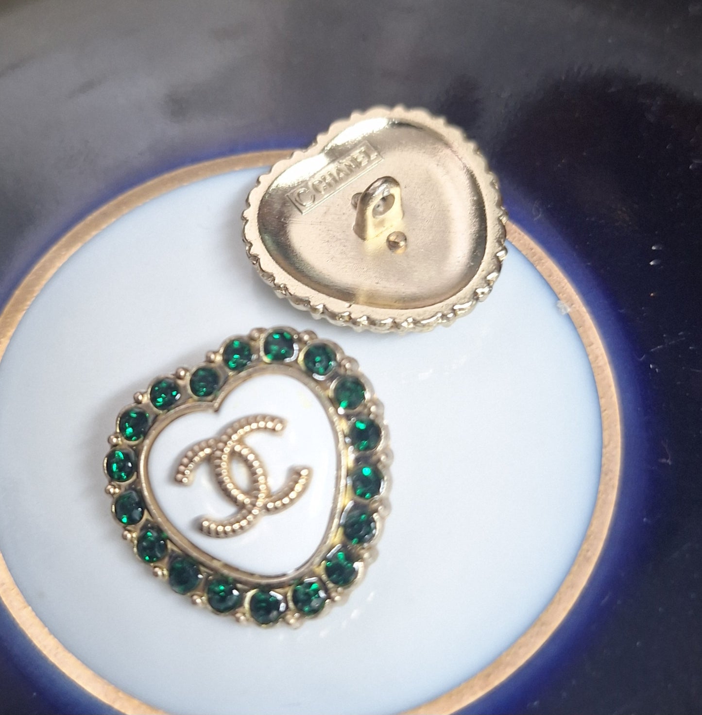 Buttons stamped - gold, white & gren zircon. 23 mm