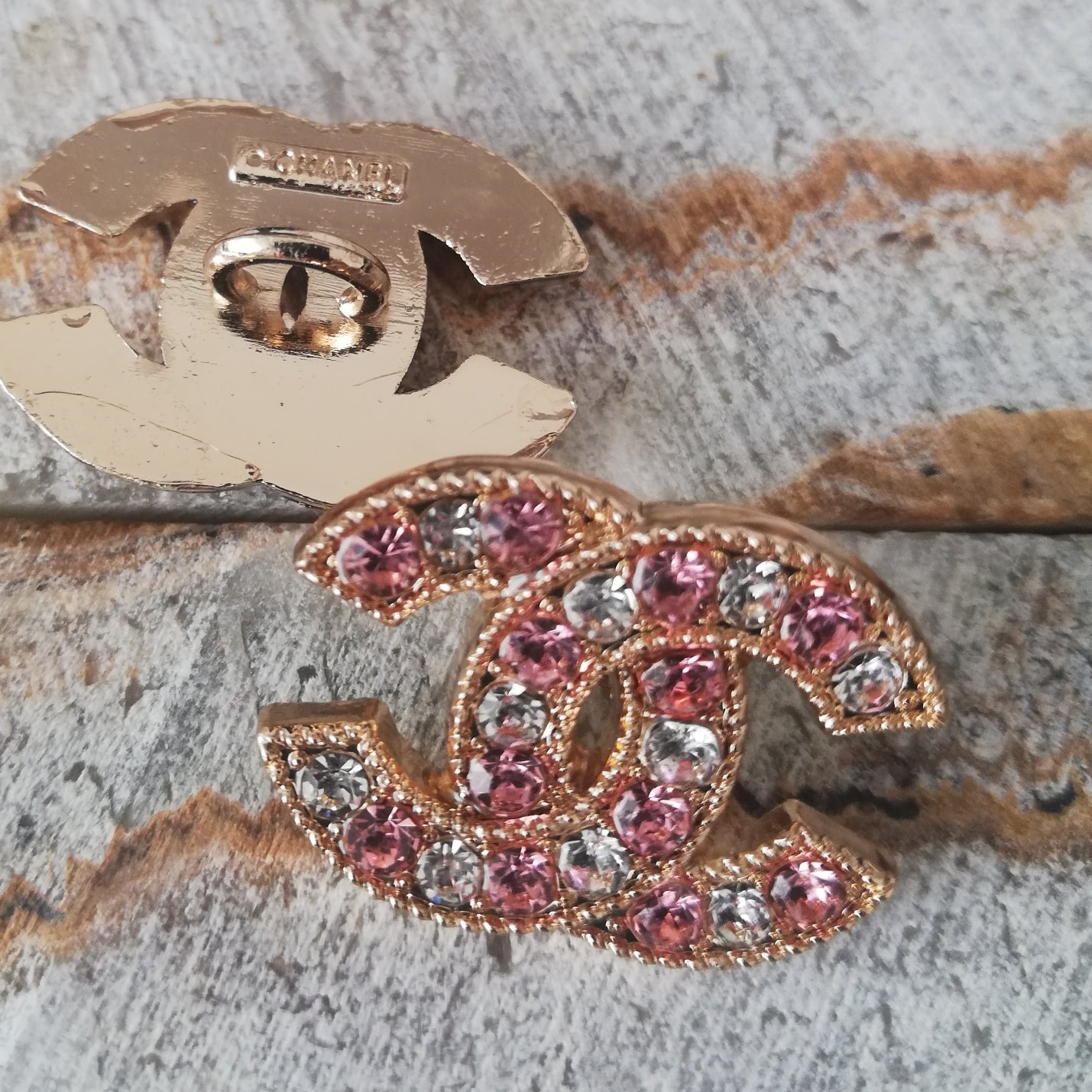 1 Buttons gold&pink/transparent rhinestones 16/22 mm