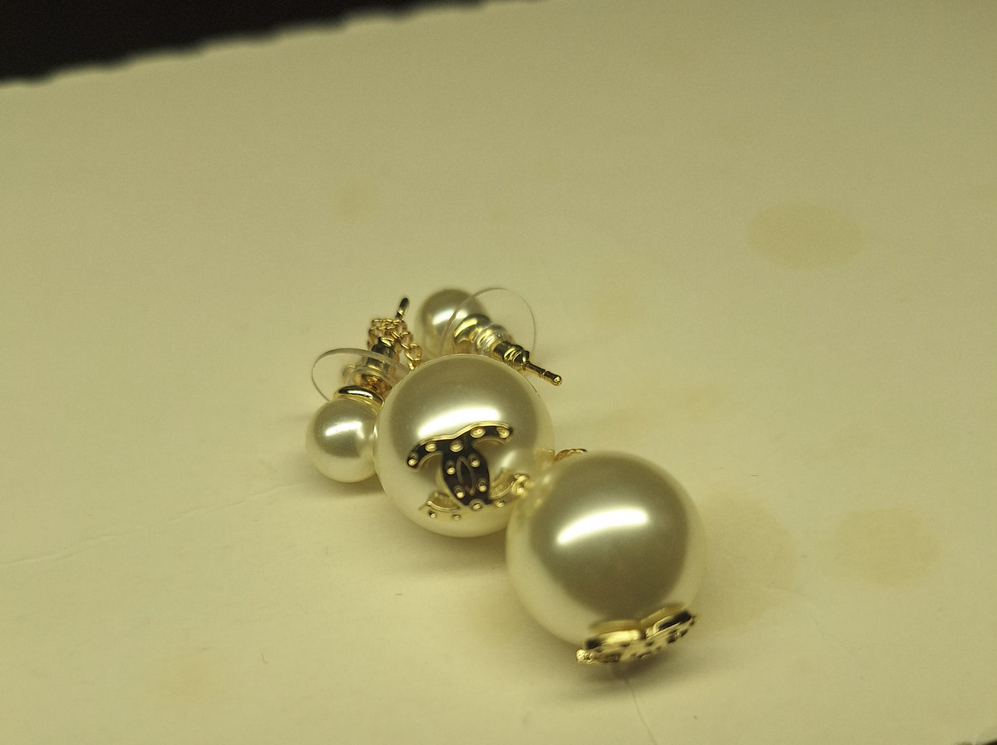 Earrings gold color & white plastic pearls. Stamped. 15 mm