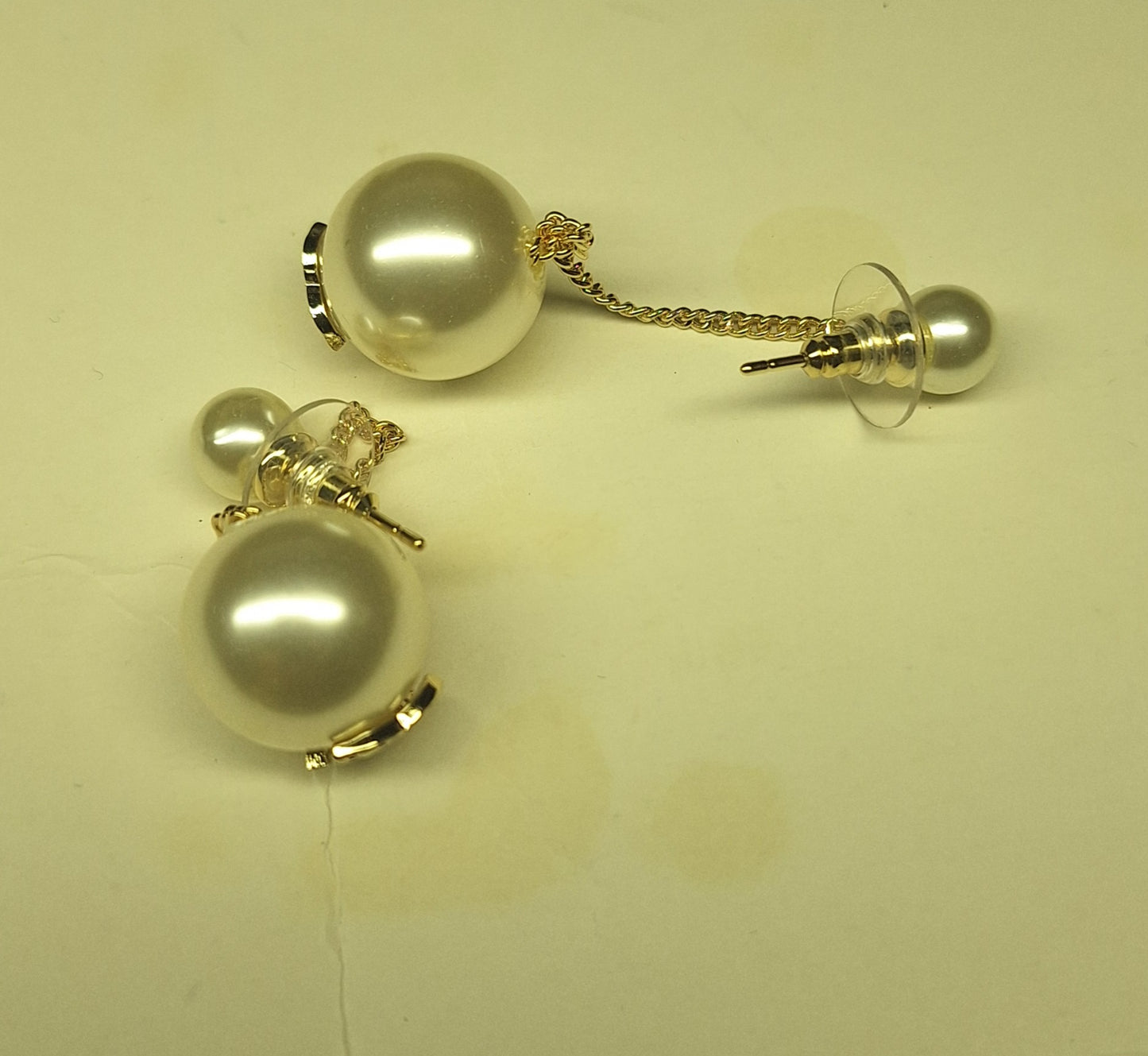 Earrings gold color & white plastic pearls. Stamped. 15 mm