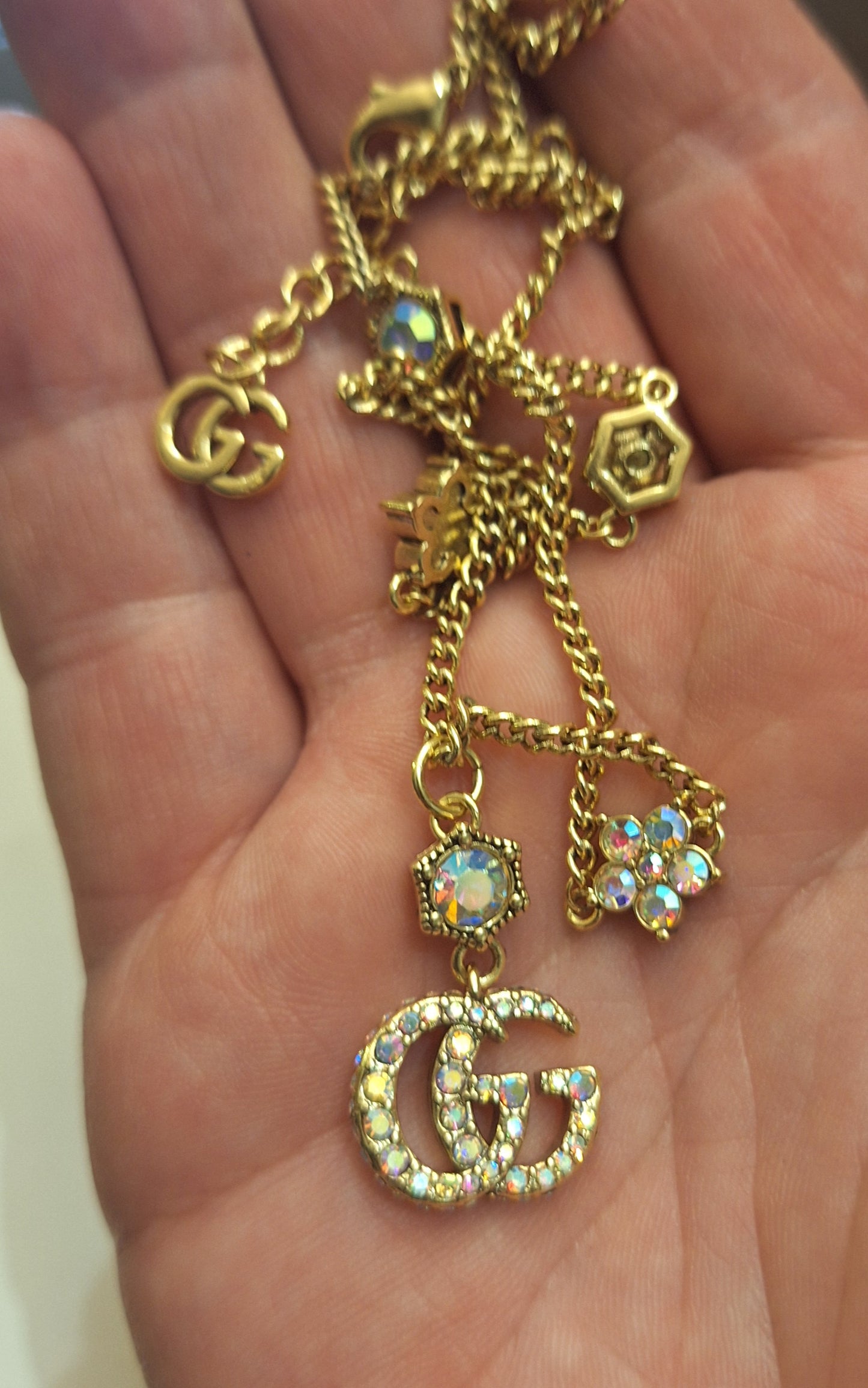 Necklace gold color, multicolor zircon, stamped, 39+5 cm.