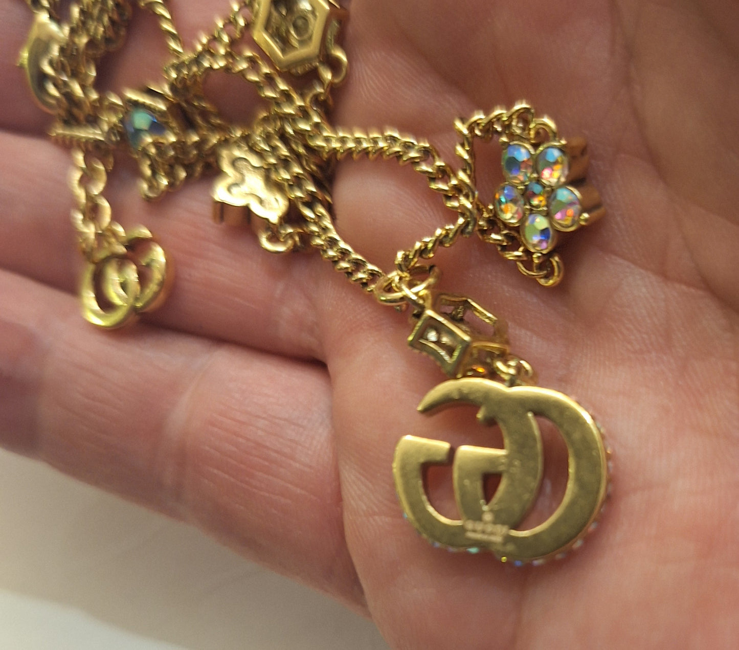 Necklace gold color, multicolor zircon, stamped, 39+5 cm.