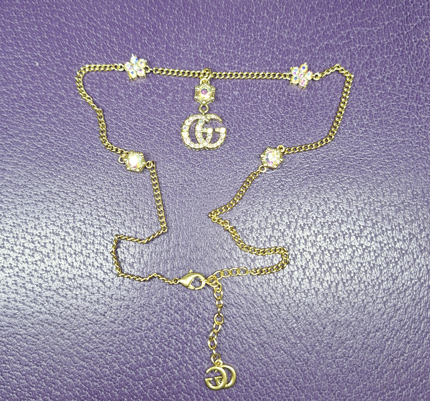 Necklace gold color, multicolor zircon, stamped, 39+5 cm.