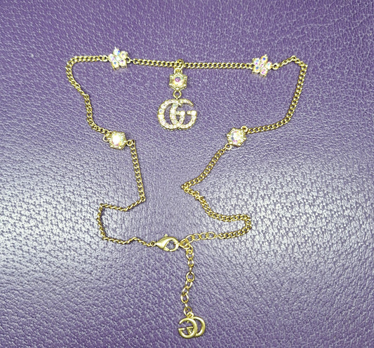 Necklace gold color, multicolor zircon, stamped, 39+5 cm.