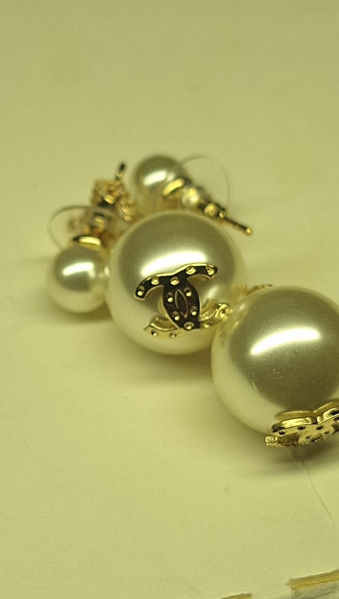 Earrings gold color & white plastic pearls. Stamped. 15 mm