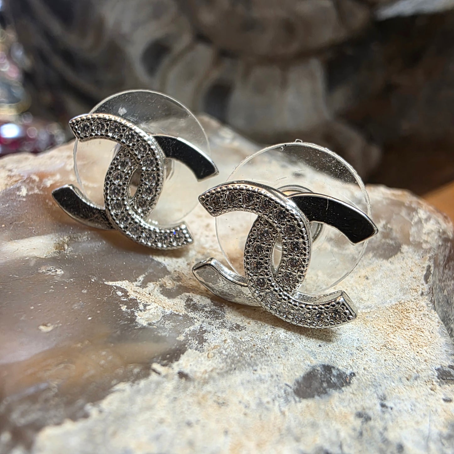 Earrings, stainless steel and zircons, 13/10mm