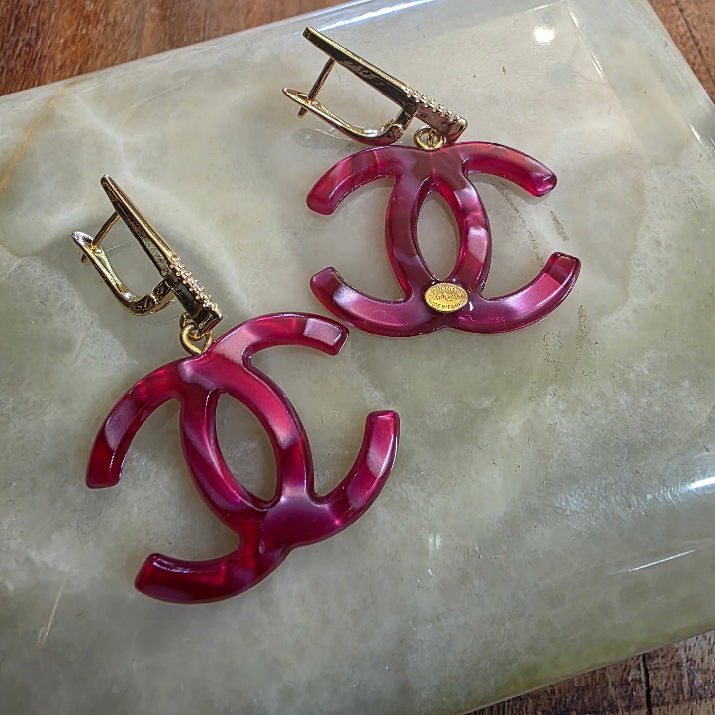 earrings, gold-plated brass and color pink plastic, stamped,32/47mm