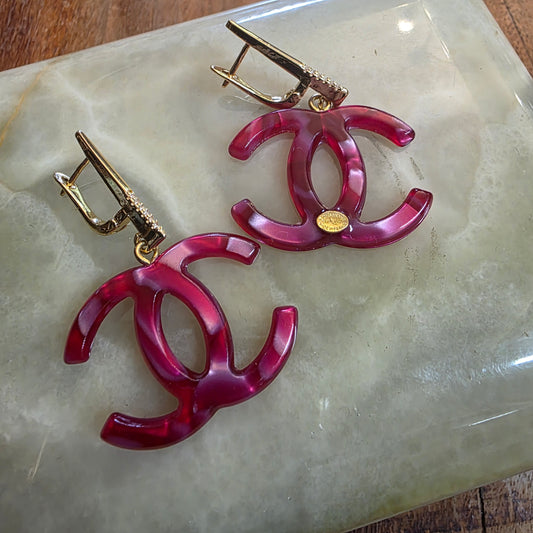 earrings, gold-plated brass and color pink plastic, stamped,32/47mm
