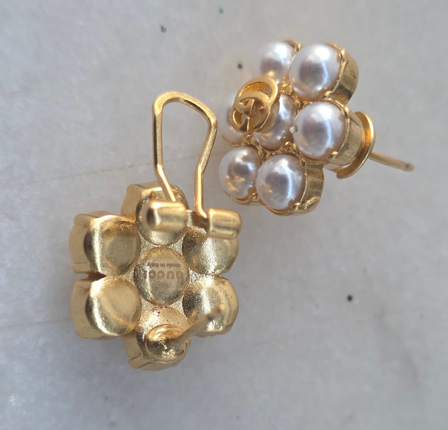 Earrings gold colors & pearls, stamped 15 mm