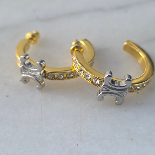 Earrings gold & silver color, zircon, stamped  30 mm