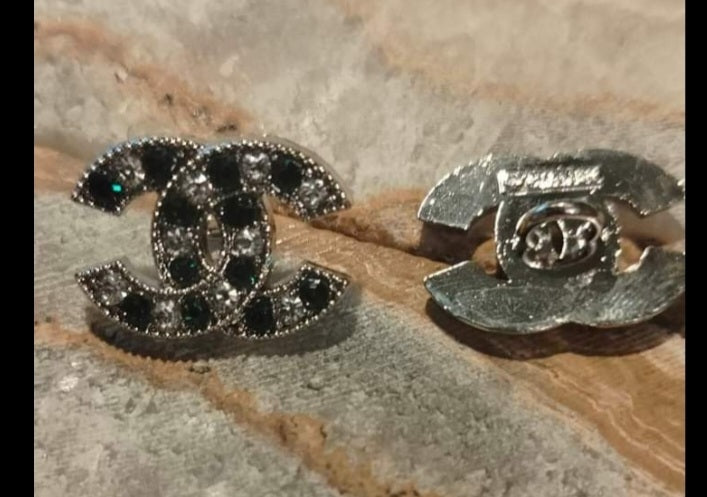 Buttons silver, green&transparent zircon 18/22 mm