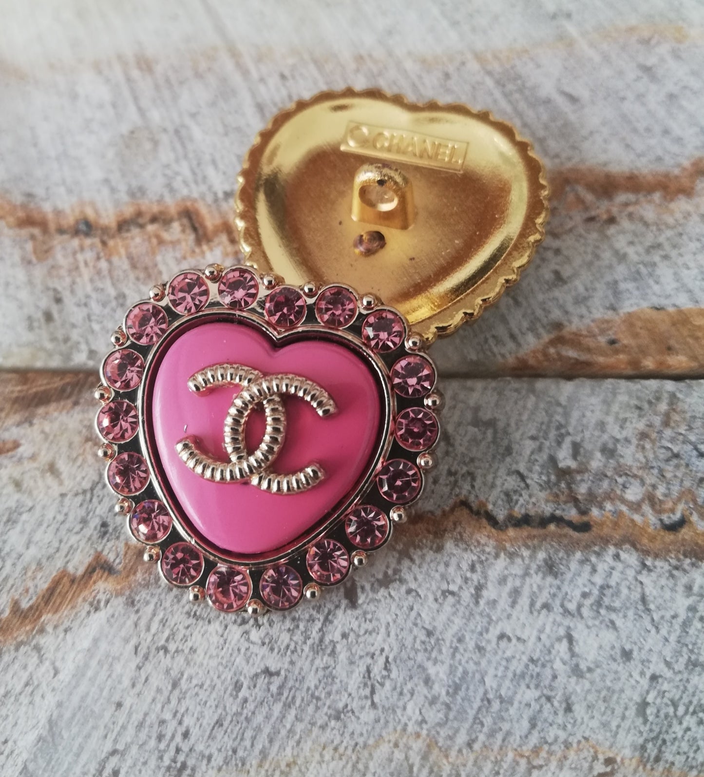 1 Buttons gold/pink&pink rhinestones 21 mm