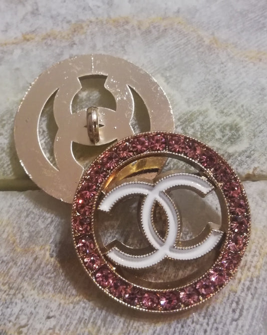 1 Buttons gold/white/pink.rhinestones 24 mm